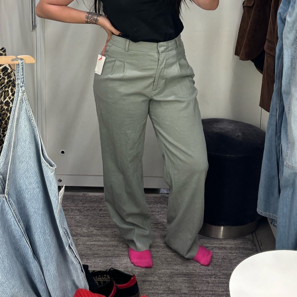 Nordstrom Sage Green Pleated High Waist Linen Blend Wide Leg Pants Open Edit